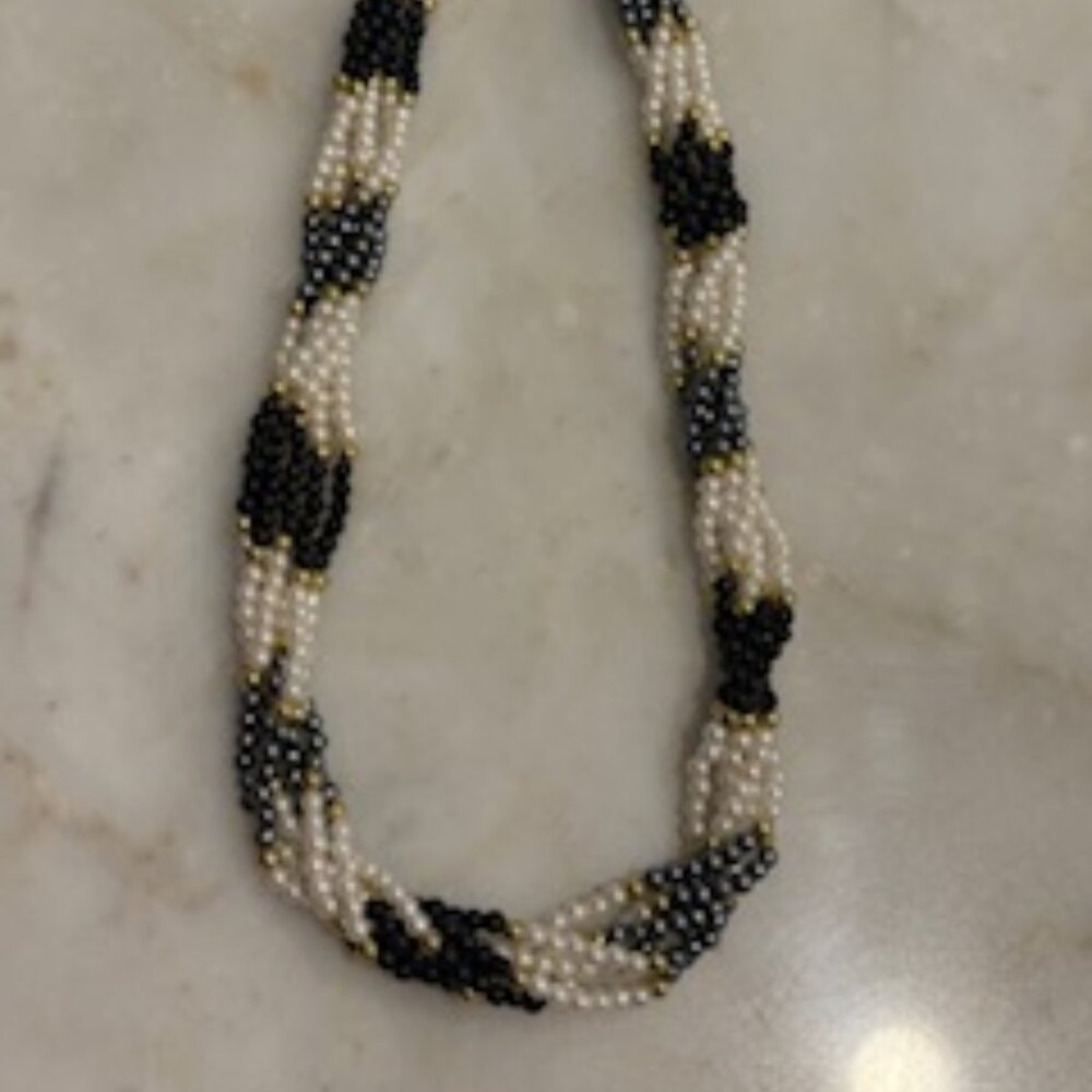 Necklace-Black, white, charcoal & gold beads-Wear it twisted or separate
